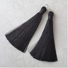 80mm Thick Bound Long Silk Tassels with Silver Jumpring - Black