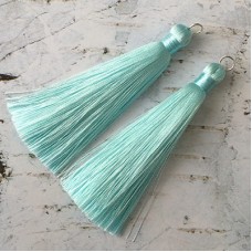 80mm Thick Bound Long Silk Tassels with Silver Jumpring - Pastel Turquoise