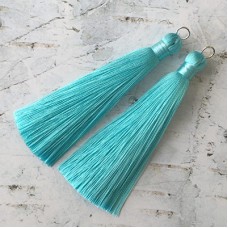 80mm Thick Bound Long Silk Tassels with Silver Jumpring - Light Turquoise