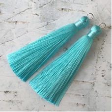 80mm Thick Bound Long Silk Tassels with Silver Jumpring - Light Turquoise - Per Pair
