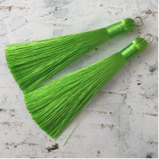 80mm Thick Bound Long Silk Tassels with Silver Jumpring - Lime Green - Per Pair