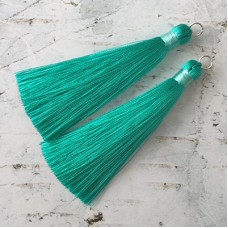 80mm Thick Bound Long Silk Tassels with Silver Jumpring - Light Teal - Per Pair