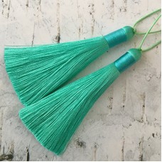 80mm Thick Bound Long Silk Tassels with Cord - Light Teal