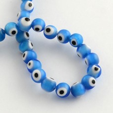 6mm Handmade Dodger Blue Lampwork Evil Eye Round Beads - per strand