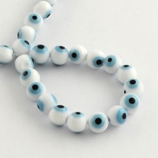 6mm Handmade White Lampwork Evil Eye Round Beads - per strand