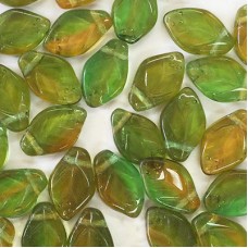 12x7mm Top Drilled Green + Amber Glass Czech Leaf Beads
