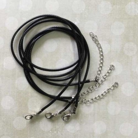 17-18in (42cm) 2mm Waxed Black Snake Necklaces with Clasp + Extension Chain