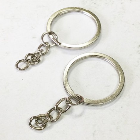 28mm Round Split Ring Keyring with 25mm Chain - Silver Plated