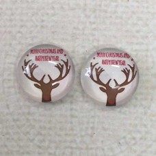 12mm Art Glass Backed Cabochons  - Red & White Christmas Design 1 - Per Pair