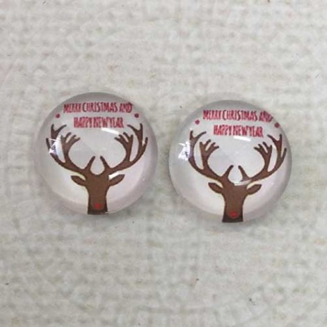 12mm Art Glass Backed Cabochons  - Red & White Christmas Design 1 - Per Pair