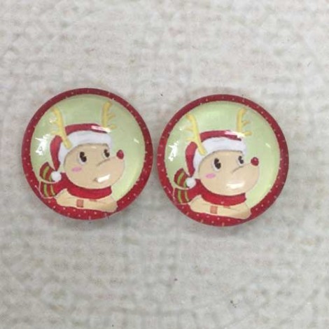 12mm Art Glass Backed Cabochons  - Red & White Christmas Design 8 - Per Pair