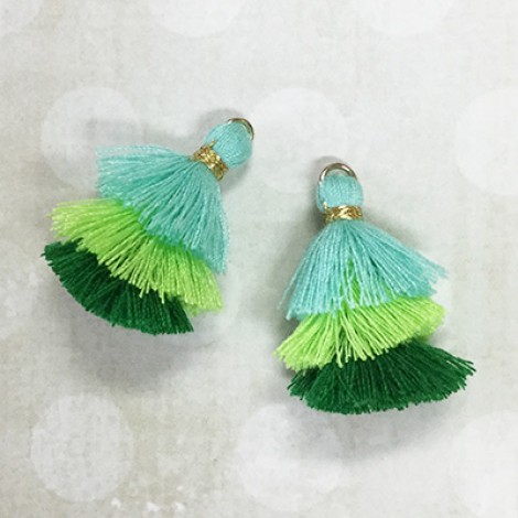 35mm Three Tier Mini Cotton Tassels with Aqua Green Mix - 1 pair 35mm Three Tier Mini Cotton Tassels with Aqua Green Mix - 1 pair