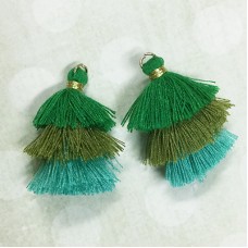 35mm Three Tier Mini Cotton Tassels with Turq/Olive/Emerald Mix - 1 pair