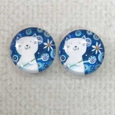 12mm Art Glass Backed Cabochons  - Cat Design 2 - Per Pair