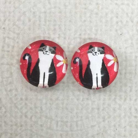 12mm Art Glass Backed Cabochons - Cat Design 3 - Per Pair 12mm Art Glass Backed Cabochons - Cat Design 3 - Per Pair
