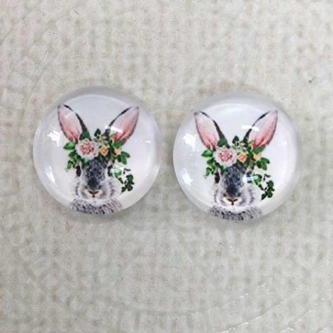 12mm Art Glass Backed Cabochons  - Bunny Design 2 - Per Pair