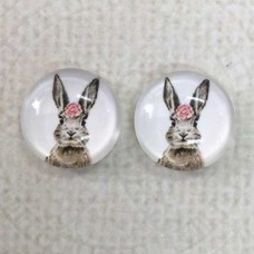 12mm Art Glass Backed Cabochons  - Bunny Design 4 - Per Pair