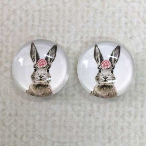 12mm Art Glass Backed Cabochons  - Bunny Design 4 - Per Pair