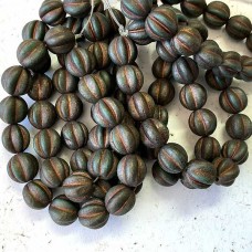 10mm Czech Melon Beads - Blue Green with Gold Wash & Etched Finish - Pack of 5