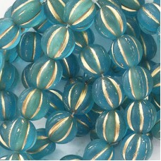 10mm Czech Melon Beads - Turquoise with Matte Finish & Gold Wash - Pack of 5