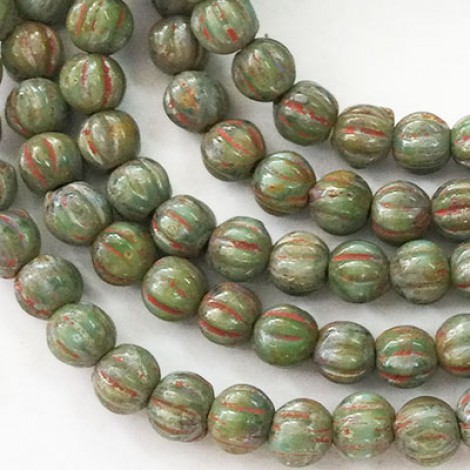 4mm Czech Melon Beads - Sea Green with Picasso Wash- Pack of 50 4mm Czech Melon Beads - Sea Green with Picasso Wash- Pack of 50