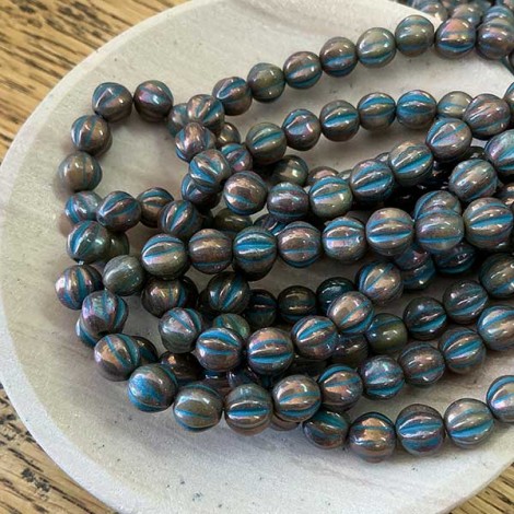 6mm Czech Melon Beads - Metallic Bronze with Turquoise Wash - Pack of 10 6mm Czech Melon Beads - Metallic Bronze with Turquoise Wash - Pack of 10