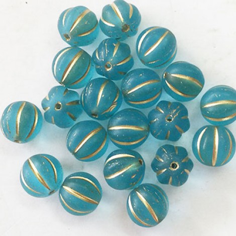 8mm Czech Melon Beads - Matte Turquoise with Gold Wash - Pack of 10