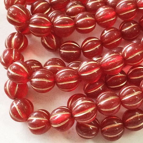 8mm Czech Melon Beads - Ruby Red with Copper Wash - Pack of 10 8mm Czech Melon Beads - Ruby Red with Copper Wash - Pack of 10
