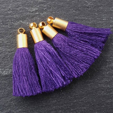 26mm Mini Indigo Purple Soft Thread Tassels w-Matte Gold Cap - Per Pair