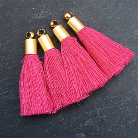 26mm Mini Fuchsia Soft Thread Tassels w-Gold Cap - Per Pair