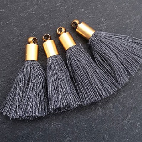 26mm Mini Grey Soft Thread Tassels w-Gold Cap - Per Pair 26mm Mini Grey Soft Thread Tassels w-Gold Cap - Per Pair