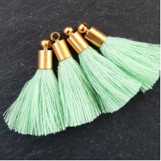 26mm Mini Mint Green Soft Thread Tassels w-Matte 22k Gold Pl Cap - Per Pair