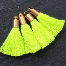26mm Mini Neon Yellow Soft Thread Tassels w-Gold Cap - Per Pair