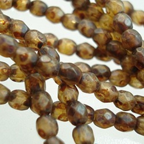 3mm Czech Firepolish Beads - Smoky Topaz Matte Picass