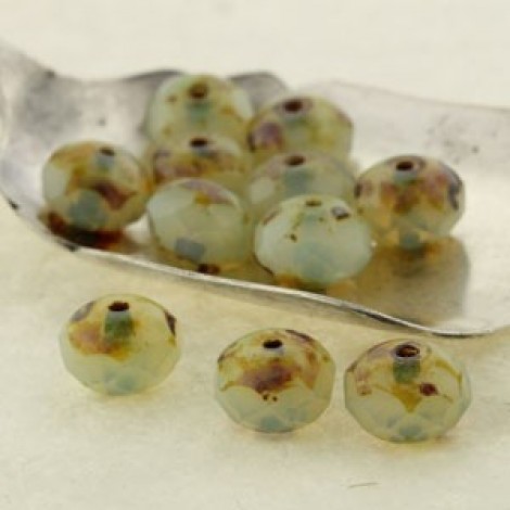 6x8mm Czech Firepolish Rondelles - Opal Pale Green Picasso - Pack of 12 6x8mm Czech Firepolish Rondelles - Opal Pale Green Picasso - Pack of 12