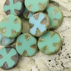 14mm Czech Table-Cut Medieval Cross Coin - Green-Blue Mix - Pack of 5