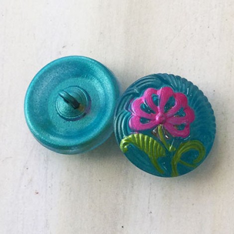18mm Czech Flower Glass Buttons - Tiffany with Pink + Green Accents