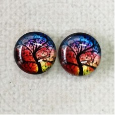 12mm Art Glass Backed Cabochons  - Tree of Life on Sunset Sky - Per Pair