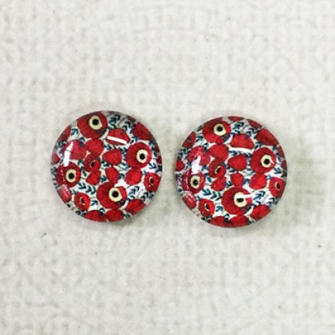 12mm Art Glass Backed Cabochons  - Poppy Design 3 - Per Pair