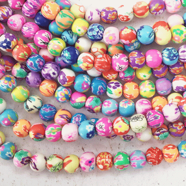 8mm Round Polymer Clay Handmade Flower Beads Mixed Colours