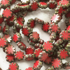9mm Czech Table Cut Cactus Flower Beads - Red with Picasso Finish