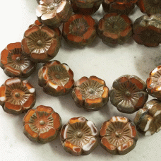 12mm Czech Table-Cut Hibiscus Flowers - Burnt Orange + White with Picasso - Pack of 2