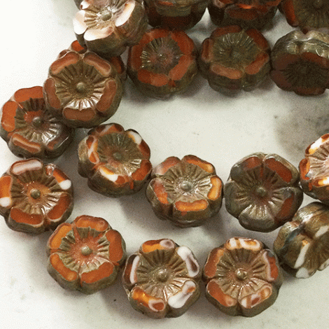 12mm Czech Table-Cut Hibiscus Flowers - Burnt Orange + White with Picasso Finish