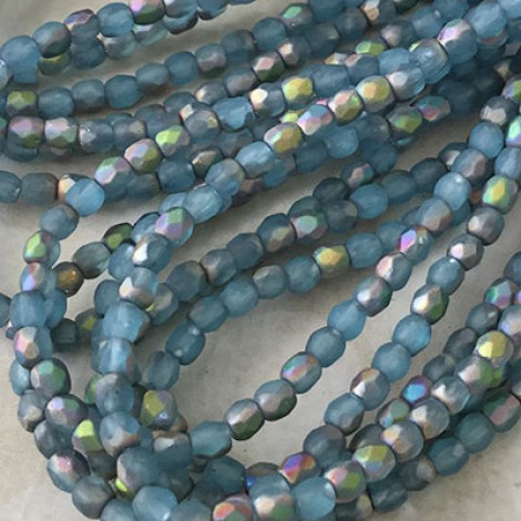 3mm Czech Fire Polished Beads - Pacific Blue with Matte AB Finish