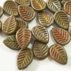 12x16mm Czech Dogwood Leaves - Artichoke with Yellow Picasso - Pack of 5