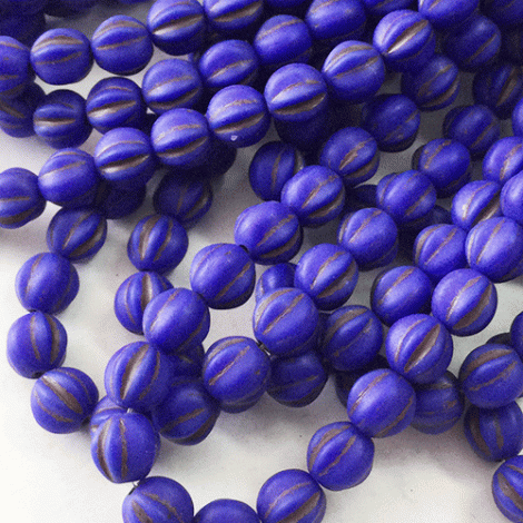 6mm Czech Melon Beads - Matte Indigo Blue with Antique Brown Wash - Pack of 10 6mm Czech Melon Beads - Matte Indigo Blue with Antique Brown Wash - Pack of 10