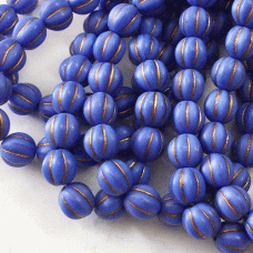 8mm Czech Melon Beads - Matte Indigo Blue with Antique Brown/Gold Wash - Pack of 10