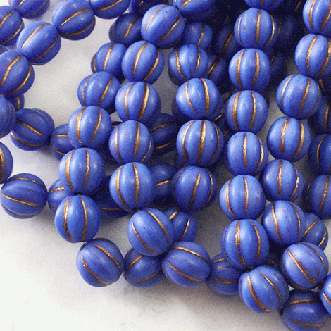 8mm Czech Melon Beads - Matte Indigo Blue with Antique Brown/Gold Wash - Pack of 10