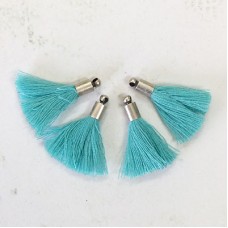 26mm Mini Pale Turquoise Cotton Soft Thread Tassels w-Matte Silver Cap - Per Pair