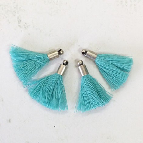 26mm Mini Pale Turquoise Cotton Soft Thread Tassels w-Matte Silver Cap - Per Pair